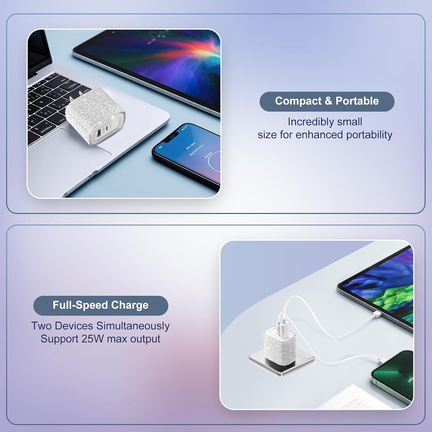 Aolcev for iPhone Charger Fast Charging Bling 2 in 1 USB A USB C Charger Block 25W Type C Fast Charging Blocks for iPhone 17 16 15 14 13 iPad Bling USB C Adapter for Galaxy S25 S24 Rhinestones Sliver - Image 7