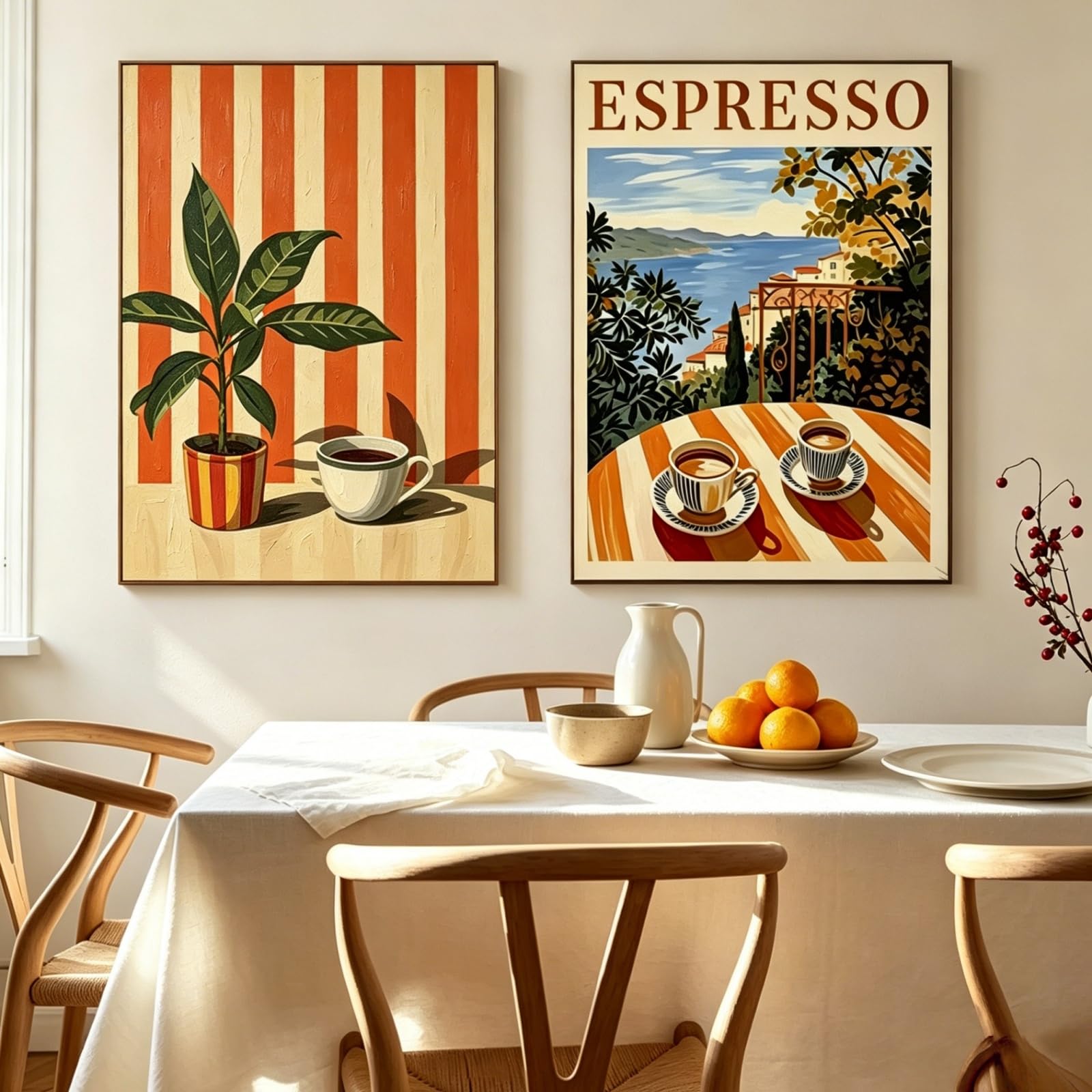 ZBELLO Set of 2 Retro Wall Art Prints, Orange Green Striped Coffee， Warm Vintage Kitchen Dining Diptych Wall Decor, for Breakfast Nook Farmhouse Apartment Home Decoration (50x70cm,B)