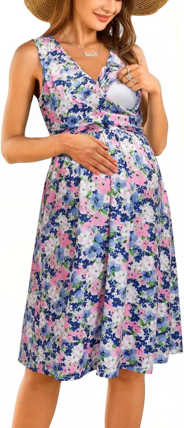 OUGES Womens V-Neck Sleeveless Summer Floral Maternity Dresses Nursing Gown Breastfeeding Dress