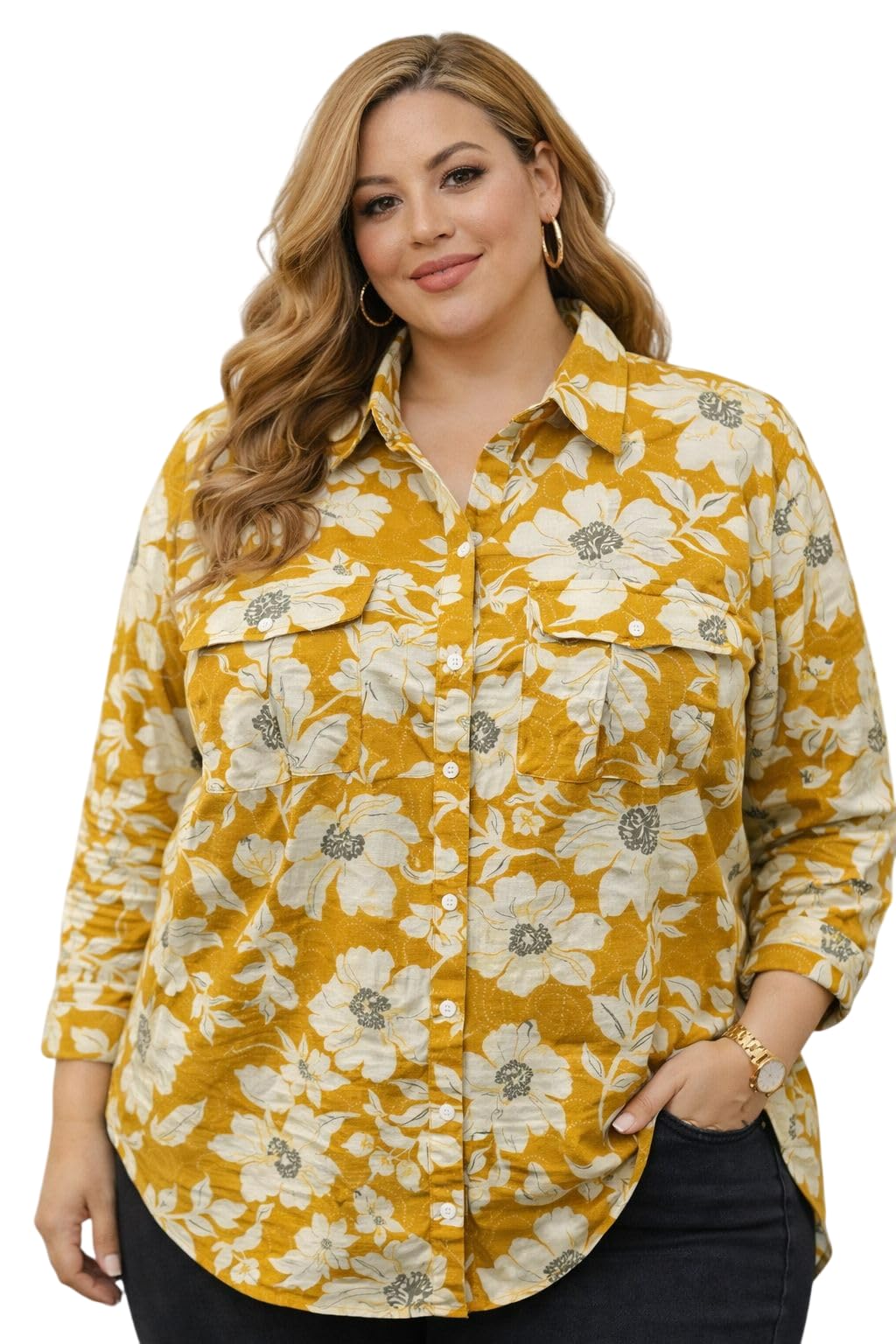Women's Floral Printed Casual Plus Size Shirt | Full Sleeve Button Down Collared Shirt | Comfortable Oversized Fashion Clothing for Office, Travel, Vacation, Holiday, Party-picture-37