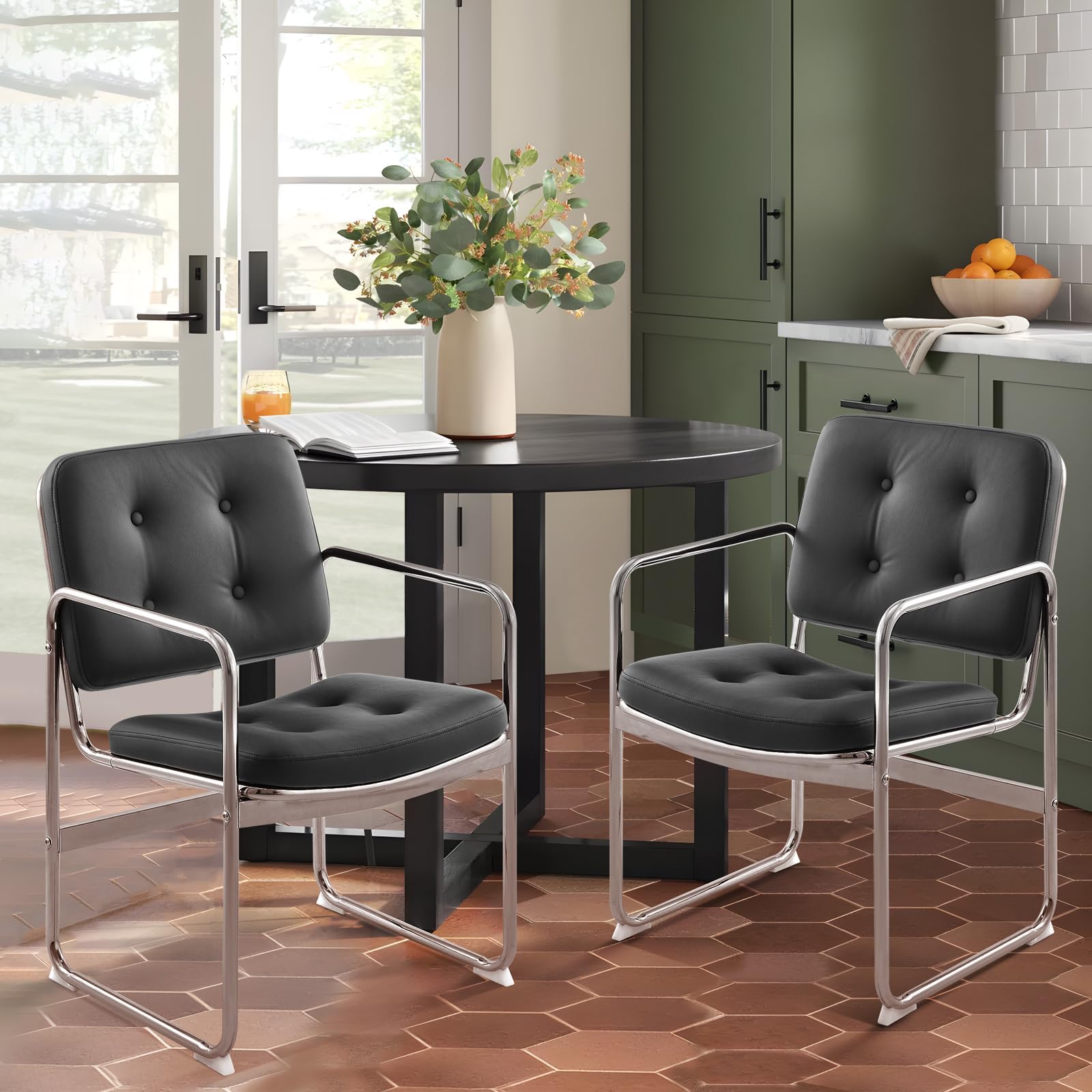 COLAMY Modern Dining Chairs Set of 2, Button Tufted PU Leather Upholstered Dining Room Kitchen Side Chair with Metal Legs for Home/Dining Room/Living Room/Office, Black