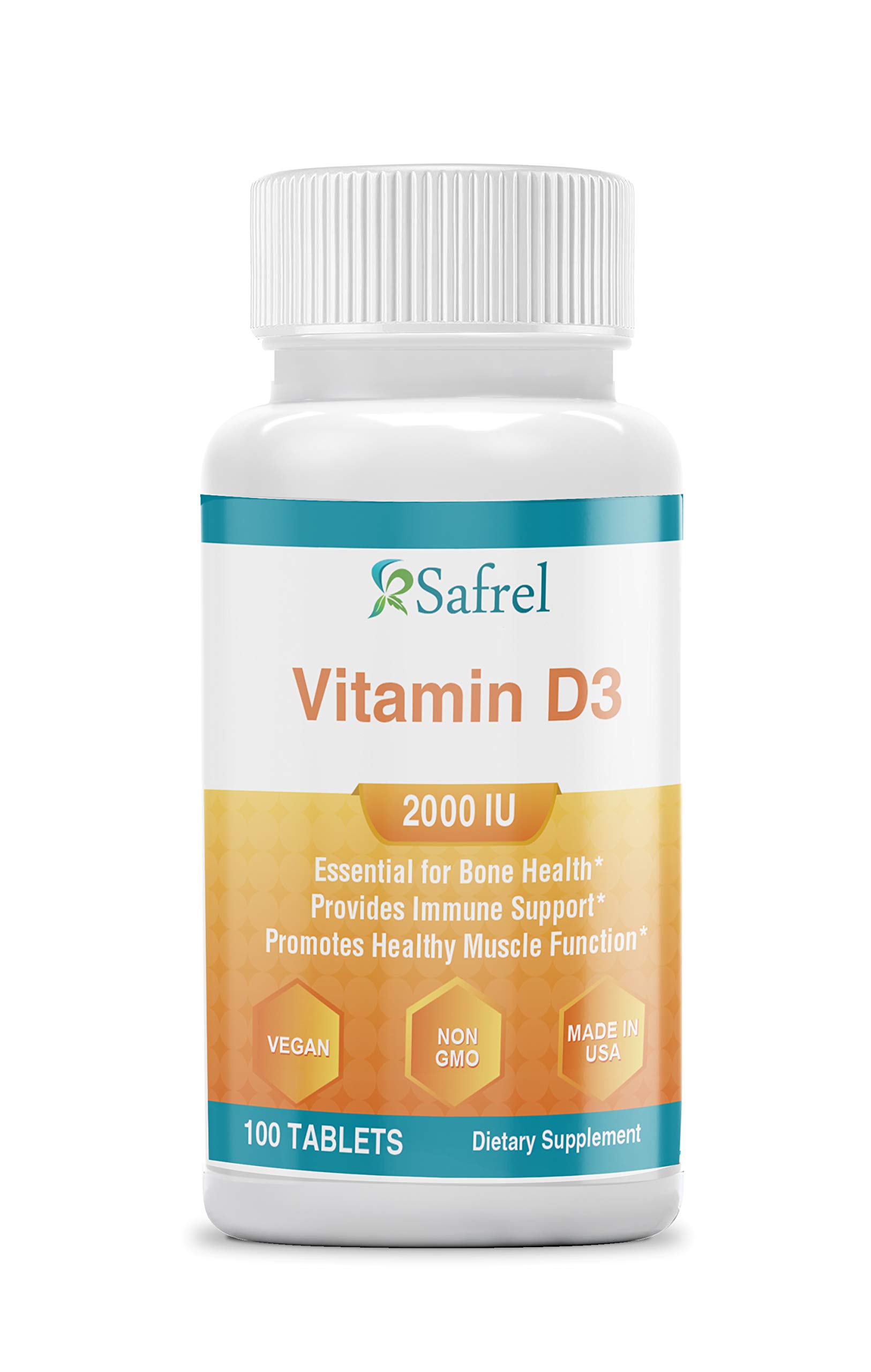 Safrel Vitamin D3, 100 Tablets, Vitamin D 2000 IU (50 mcg) Helps Support Immune Health, Strong Bones and Teeth, & Muscle F...