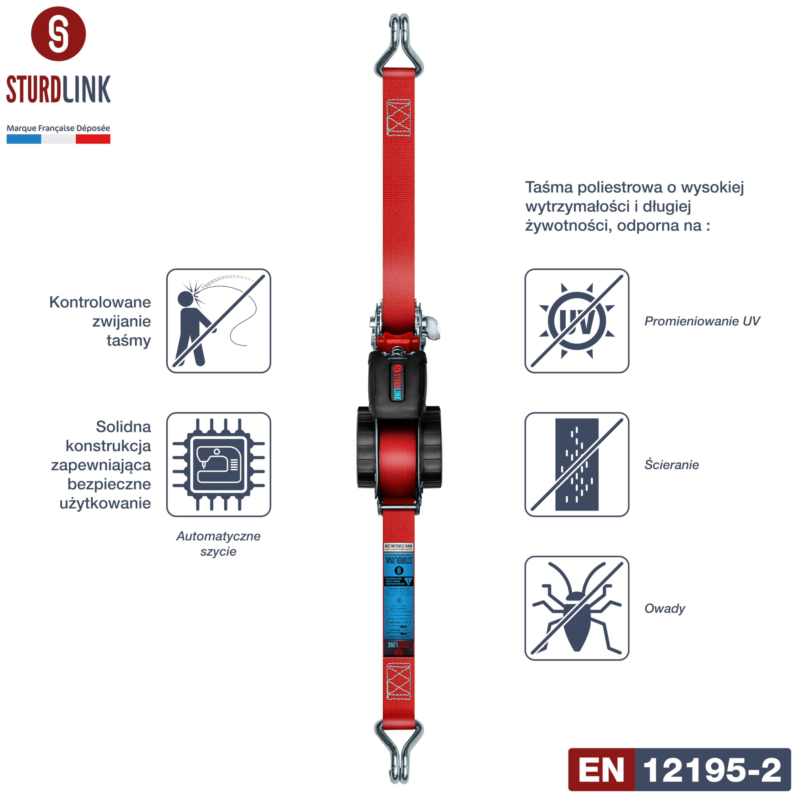 Pasy z zapadką automatyczną 5m 25 mm Haki J LC 350 kg / 700 kg w U | Automatyczny zwijacz paska | Chowany pasek mocujący | x4 + torba | Van SUV | EN 12195-2