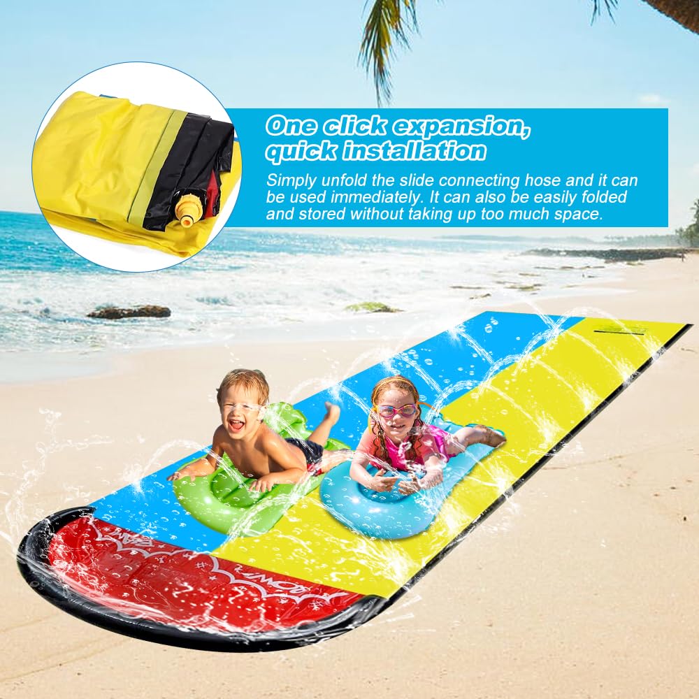 Scivolo d'acqua da giardino per bambini, 6,1 x 1,4 m, scivolo gonfiabile con 2 bodyboard, doppio scivolo d'acqua con irrigatore integrato, giocattolo acquatico per bambini adulti all'aperto