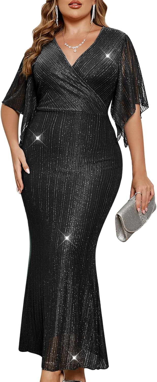 ZOMVA Plus Size Maxi Formal Dress Sparkly V-Neck Mermaid Wrap Evening Gown Cocktail Prom Glitter Handkerchief Sleeves