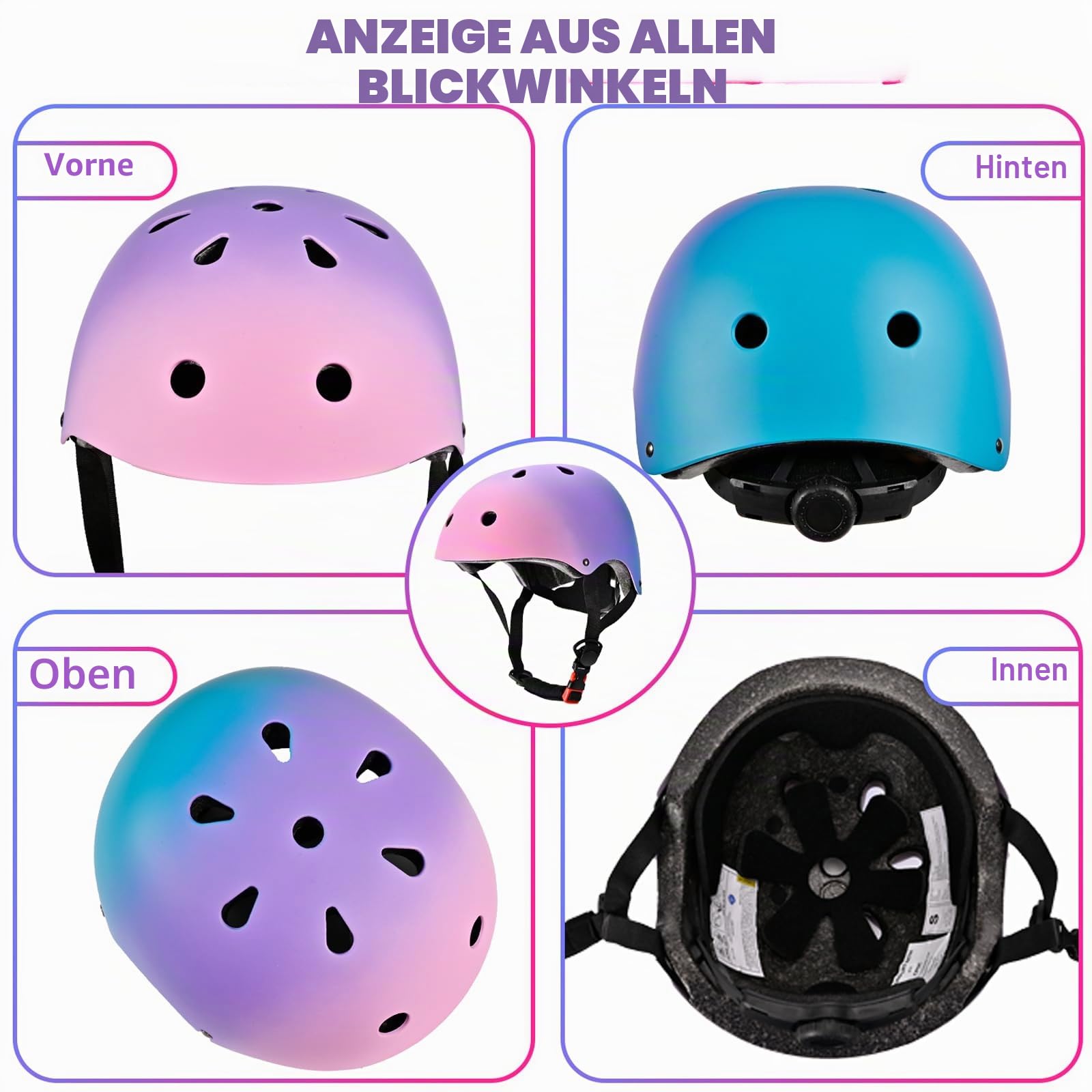 Skaterhelm Fahrradhelm für Kinder, Farbverlauf, Jungen und Mädchen, Sicherheit und Leichtgewichtige Kinderhelm Skateboarding Helm für Fahrrad Skateboard Rollschuh Scooter BMX and Ride Helm