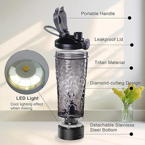 Miniatura 2 de Botella mezcladora eléctrica de proteínas, botella mezcladora eléctrica de proteínas, 24 onzas, mezcladora recargable, sin BPA, Tritan (negro)