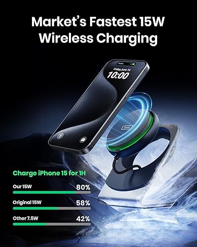 Miniatura 2 de INIU Cargador inalámbrico, soporte magnético de carga rápida de 15 W, estación de carga inalámbrica esencial de viaje con luz adaptativa para