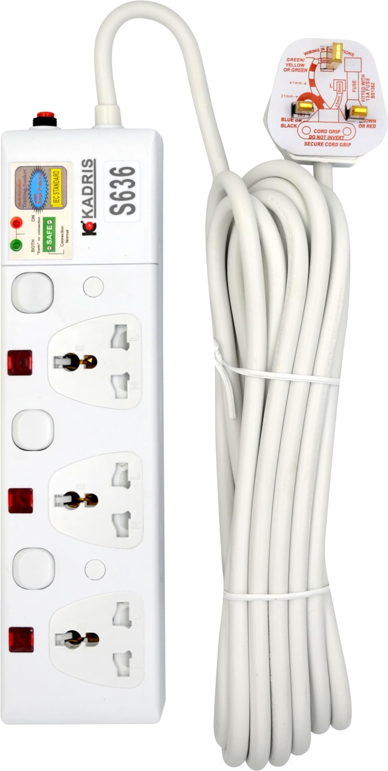 Kadris Power Strips 914 Heavy Duty Extension Cord with 4 Way Outlets and Individual Switch, 5 Meter Length, White