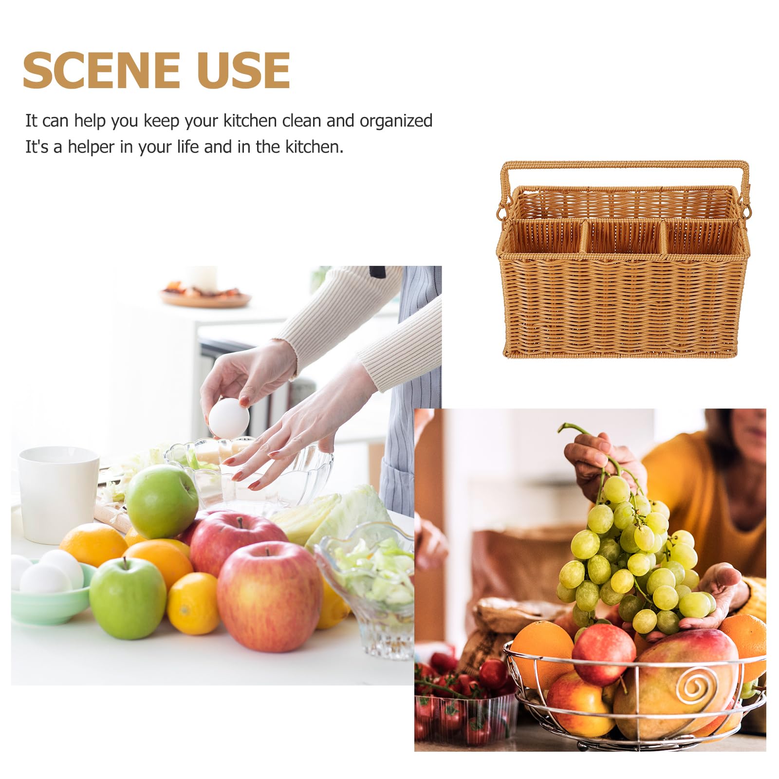 TOPBATHY Cesta Organizadora De Cubiertos De Imitación De Mimbre Con Asa 11.6X6.9X6.1 Pulgadas Para Cocina Y Picnic Estilo Rústico Con Compartimentos Separados