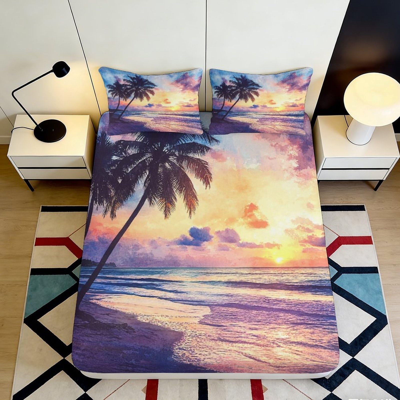 3D Printed Beach Sunset Fitted Sheet Microfiber Elastic Hem Deep Pocket Seaside Mattress Fitted Cover Washable for Bedroom Bedding 200x200x25cm