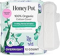The Honey Pot Cooling Herbal Overnight Pads w/Wings - Organic Cotton, Essential Oils for Soothing Relief, Max Absorbency - 12 Ct