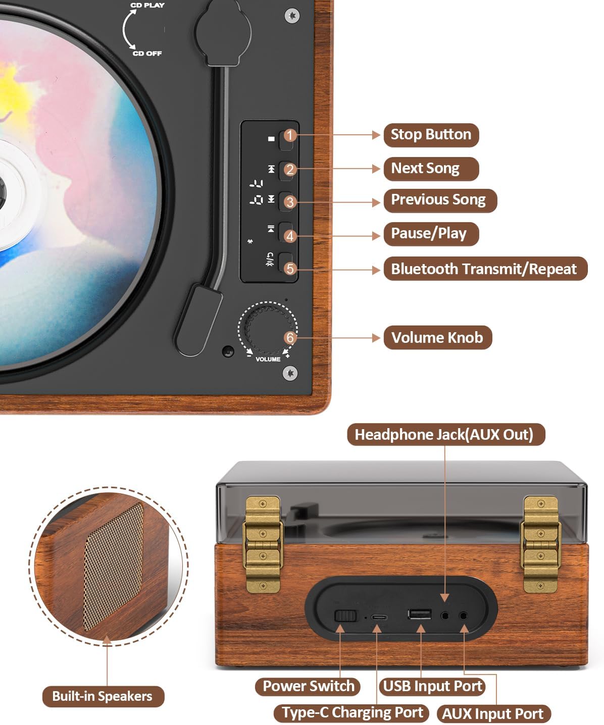 CD Player Portable, Rechargeable Bluetooth CD Players with Speakers, AUX-in, Headphone Jack, USB Mode, Small CD Player for Home, Red Teak(No Remote Control)