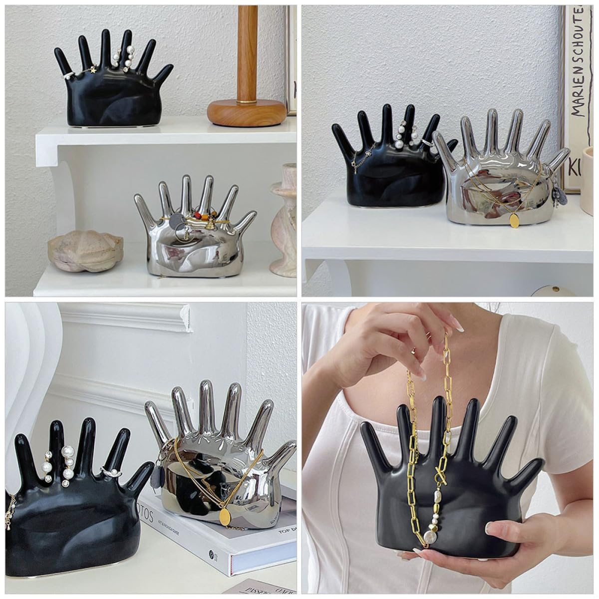 Alipis Ringhalter aus Keramik Handförmig Schwarz Schmuckorganizer für Ringe und Ketten Platzsparender Schmuckständer für Damen und Mädchen Dekorativer Ringständer und Fotoaccessoire