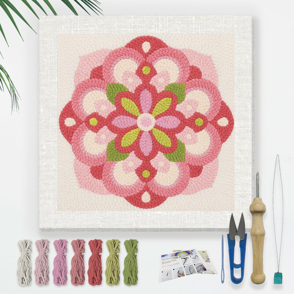 DOODLREAM Pink Mandala Flower DIY Punch Needle Embroidery Kit for Adult Beginner, 24 cm Floral Punch Stitching Craft Set for Starter with Frame, Fabric Pattern, Threader, Yarn, Punch Needle