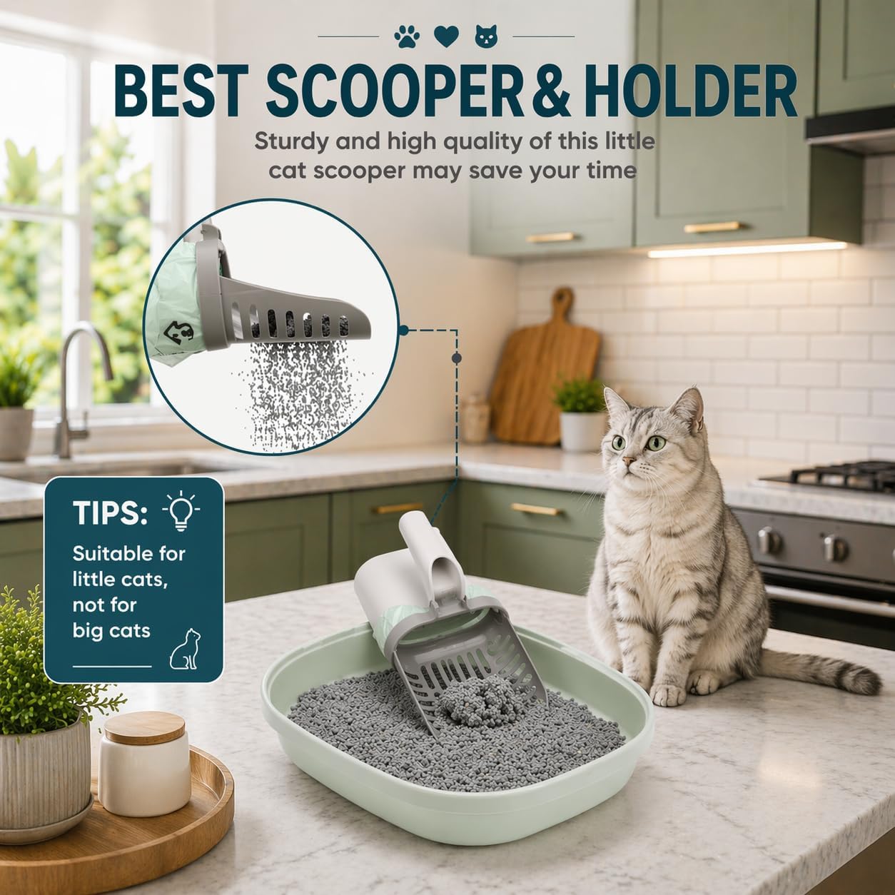Cat Litter Scooper with Holder and 75 Count Waste Bags, Large Capacity Portable Cat Litter Shovel, Grey
