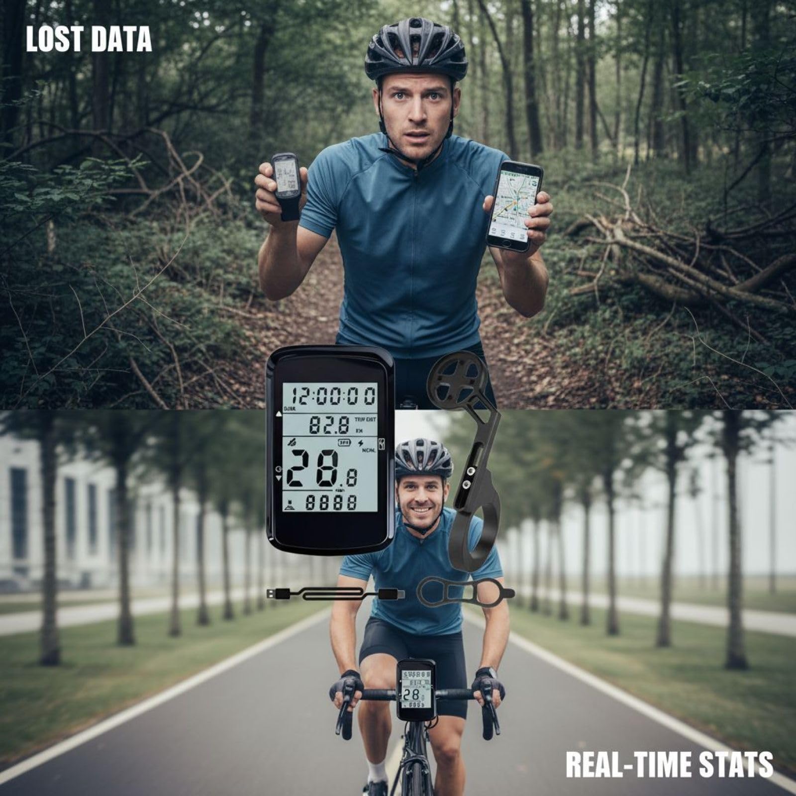 GPS Fahrradcomputer, kabelloser Tacho und Odometer mit präziser Positionierung, Echtzeitanzeige, IPX7 wasserdicht, einfacher GPX-Datensync, Typ-C-Laden, inklusive Halterung für Mountainbike