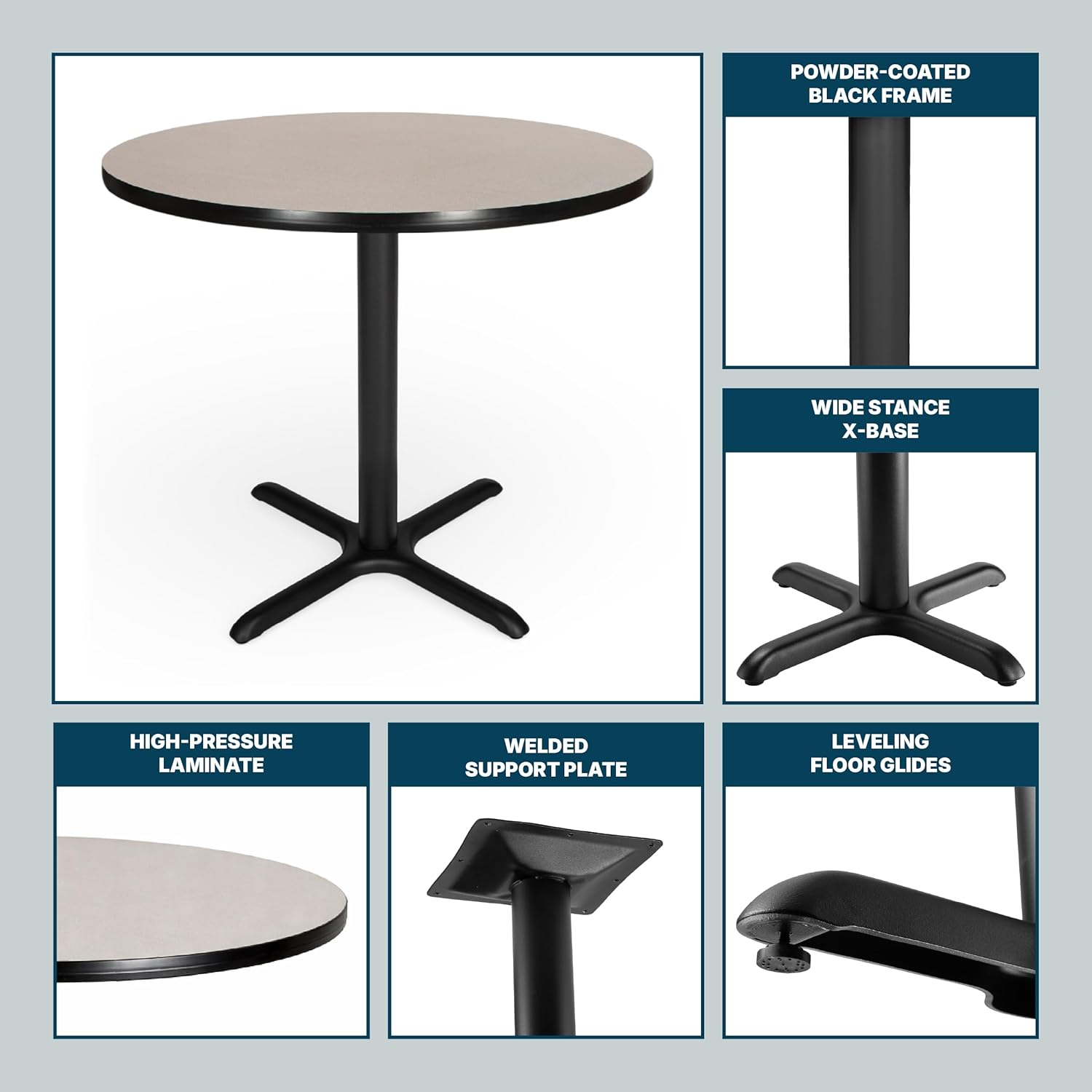 OEF Furnishings OEFCT13636XDGY Premium Commercial-Grade Restaurant and Breakroom Cafe Table (Round, 36 in Diameter, 30 in Dining Height, X-Base, Black Frame, Gray Nebula Laminate)
