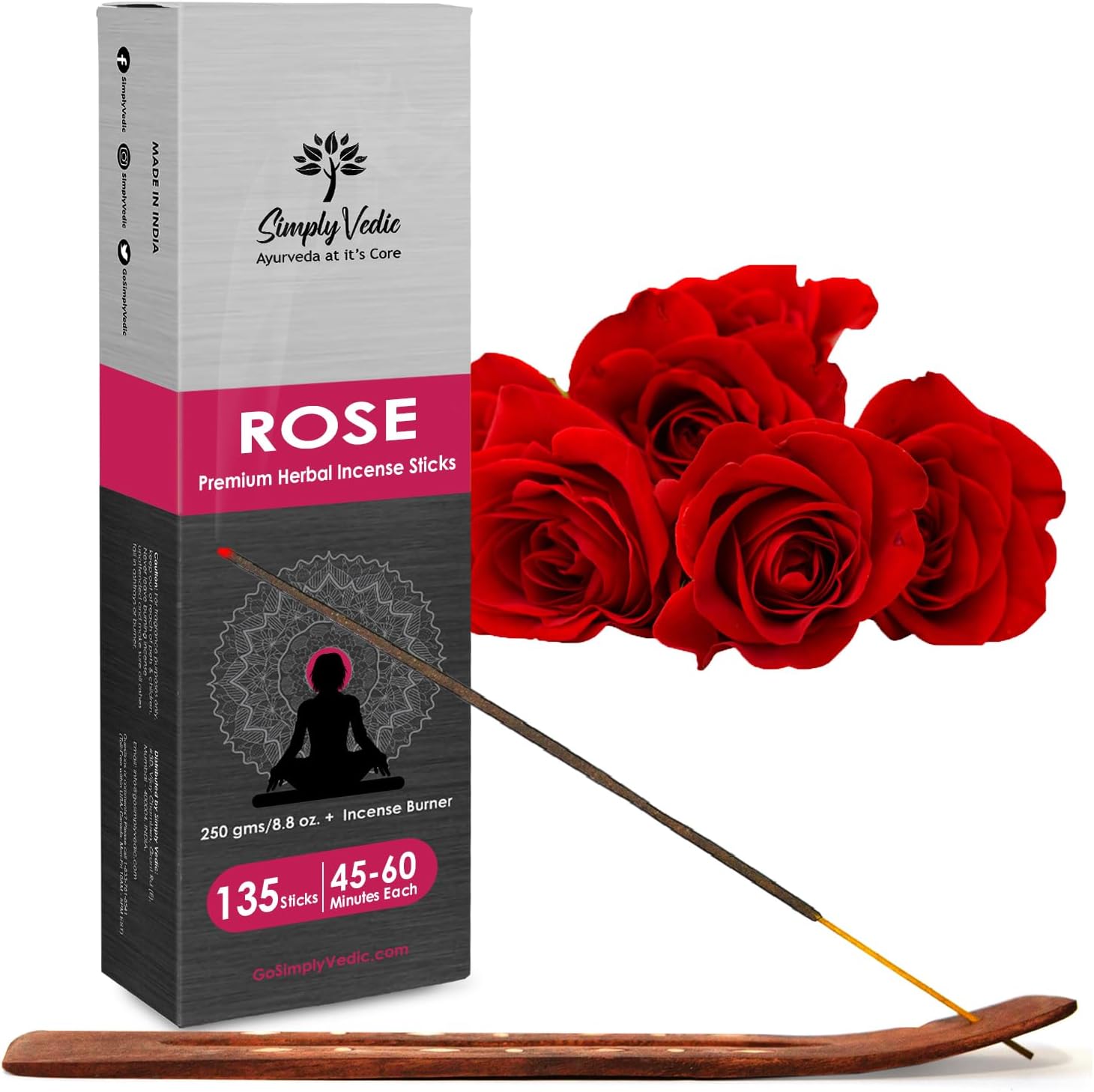 Simply Vedic Rose Incense Sticks 250g with Holder – 135 Hand-Rolled Agarbatti | Natural, Charcoal-Free, Long-Lasting Floral Aroma for Meditation, Yoga, Aromatherapy, Spiritual Healing & Gift Use