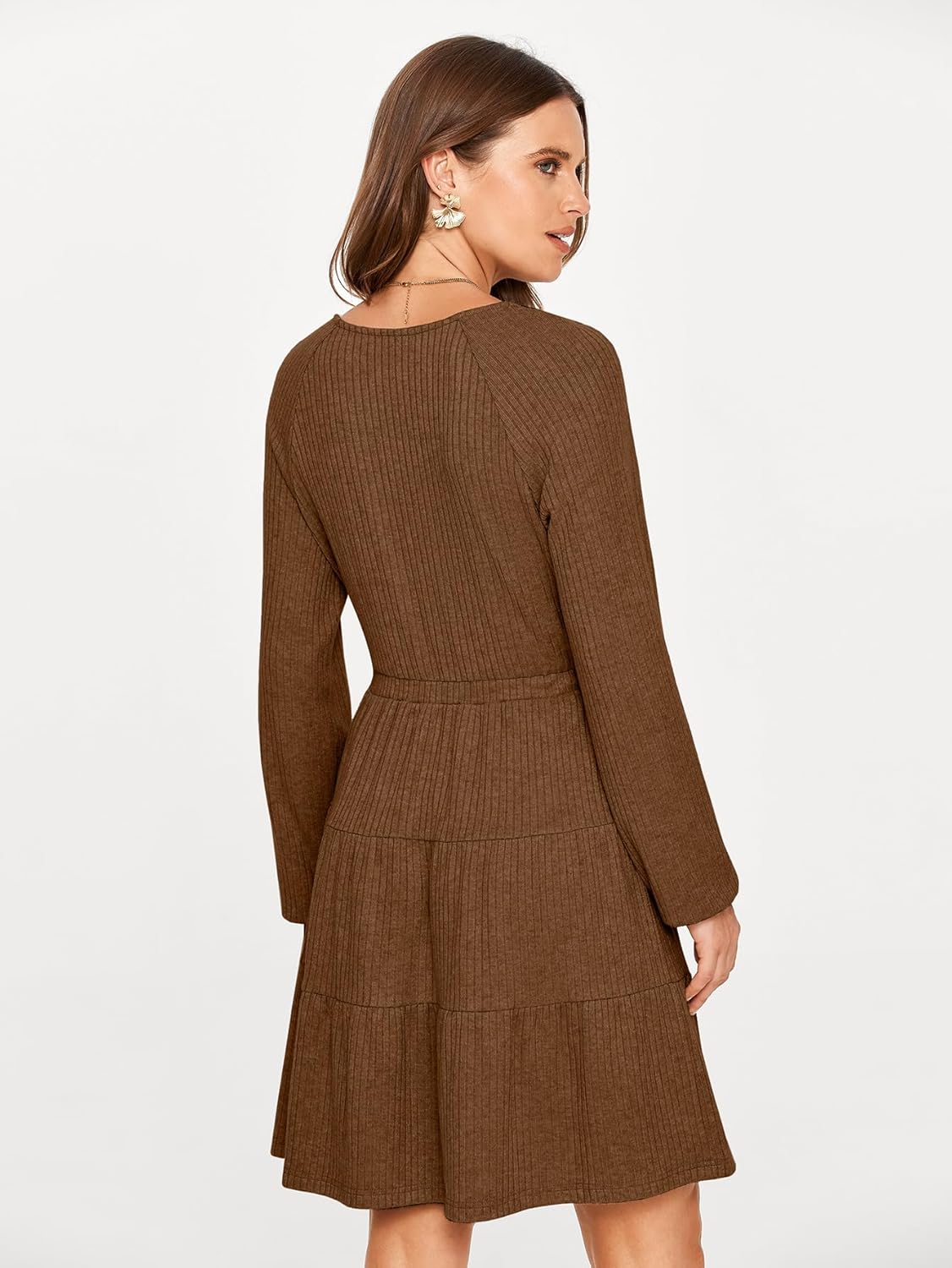 Glamaker Women's Long Sleeve Mini Sweater Dress 2024 Fall Ribbed Knit Dress Casual V Neck Ruffle Flowy Tiered Dresses - Image 5