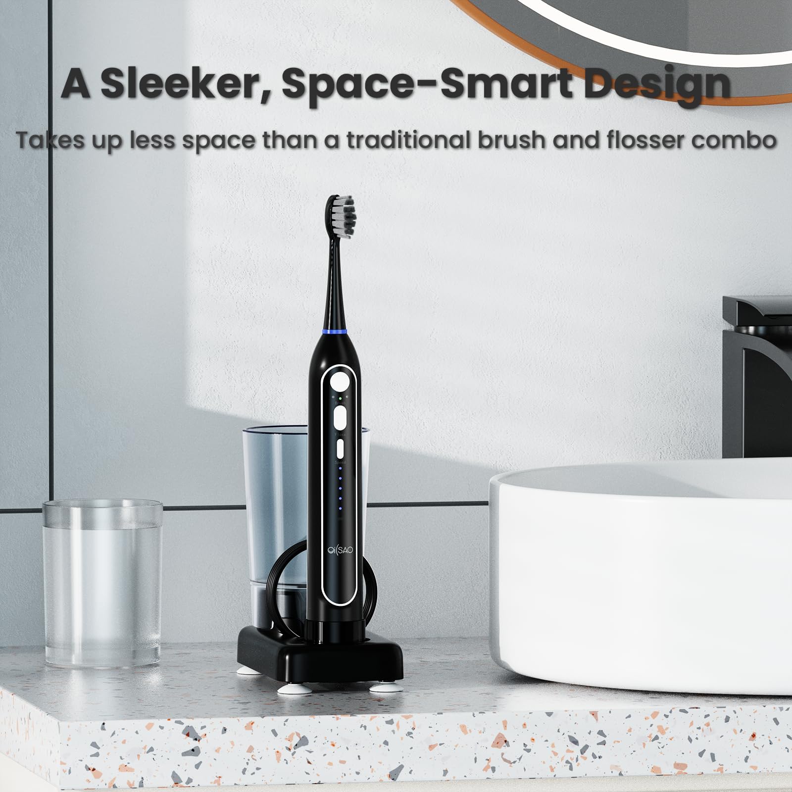 Spazzolino elettrico 3 in 1 con idropulsore, tazza da 330 ml, nero