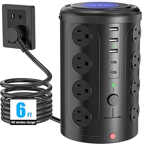 Miniatura 1 de Regleta protectora contra sobretensiones en torre con 16 tomas y 5 puertos USB (2 USB-C), cable de extensión de 6 pies con múltiples tomas, estación