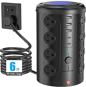 Tower Power Strip Surge Protector with 16 Outlets and 5 USB Ports (2 USB-C), 6FT Extension Cord