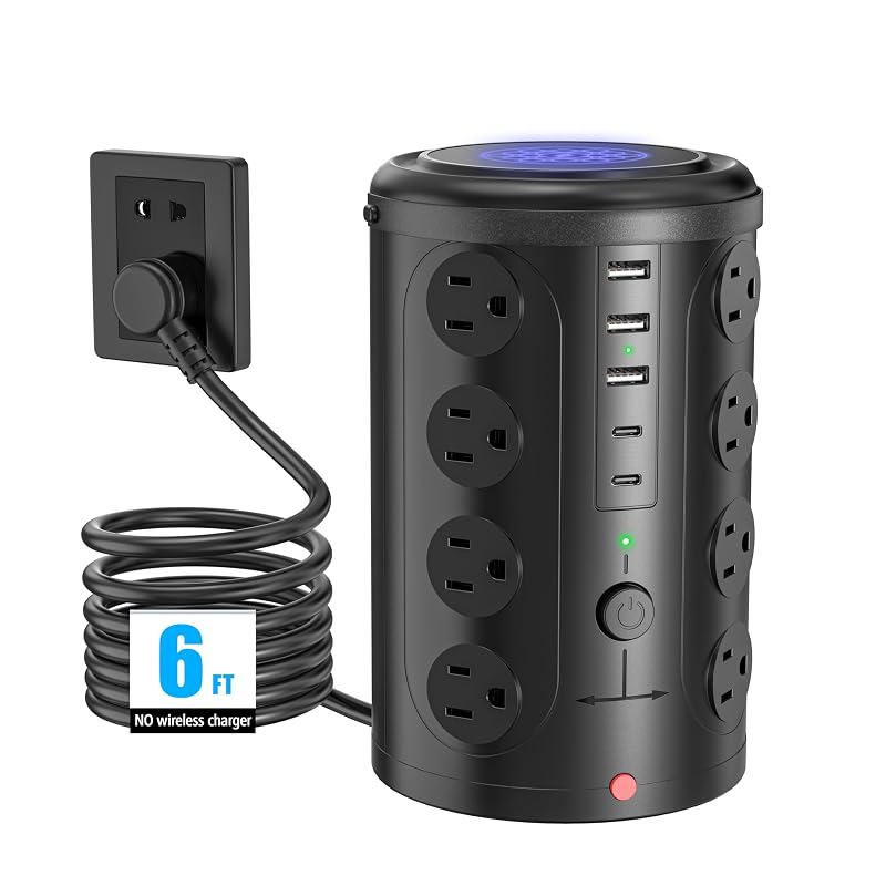 6FT Power Strip Tower Surge Protector, 16 Wide‑Spaced Outlets & 5 USB Ports 6FT without wireless charging Black