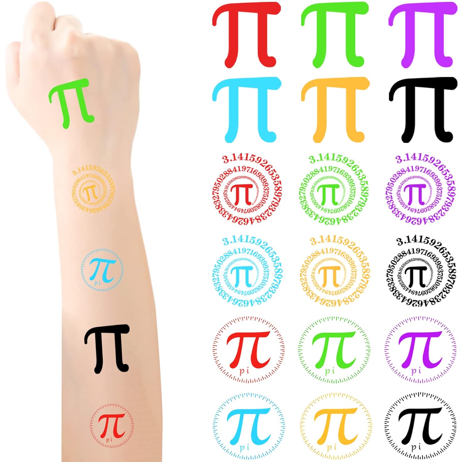 540 pcs Colorful Pi Day Tattoos Stickers Pi Symbol Temporary Tattoos Pi Day