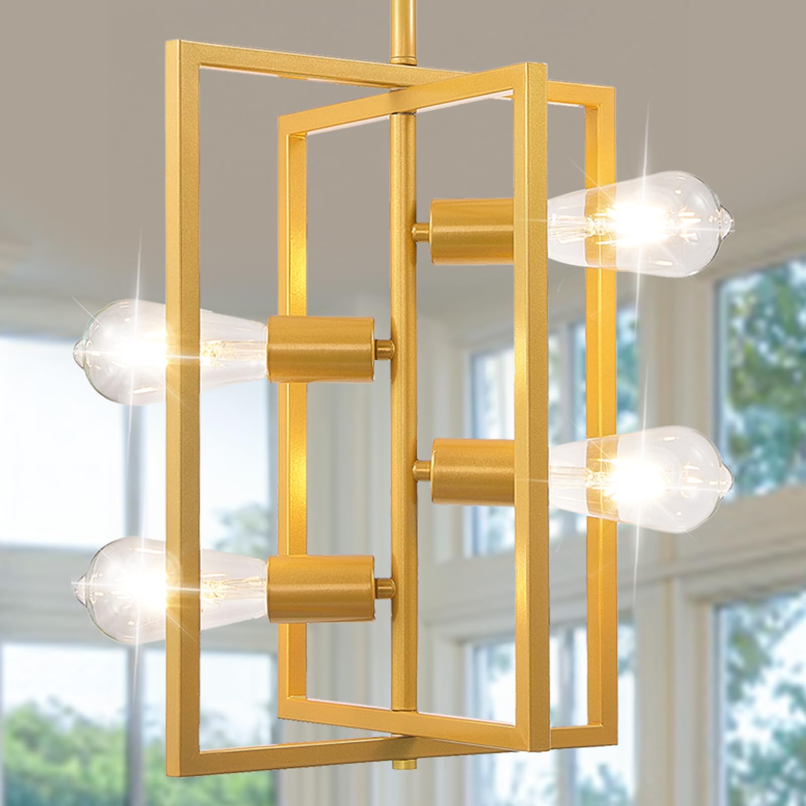 WJShome Gold Chandelier, 4-Light Kitchen Island Lighting, Industrial Foyer Lighting Fixtures, Farmhouse Dining Room Hanging Pendant Lights, for Entryway, Bedroom, Staircase, Hallway