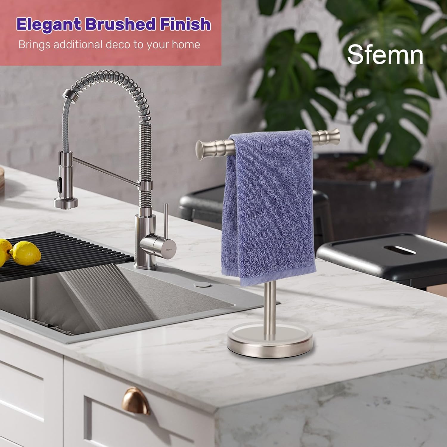 Hand Towel Holder Stand for Bathroom Vanity Countertop SUS304 Stainless Steel T-Shape Free Standing Towel Rack Stand Towel Bar for Bathroom Kitchen (Brushed Nickel)