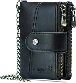 Mens Wallet with Chain- PU Faux Leather Bifold Wallet RFID Blocking Double Zipper Coin Pocket with Anti-Theft Chain Men Gift