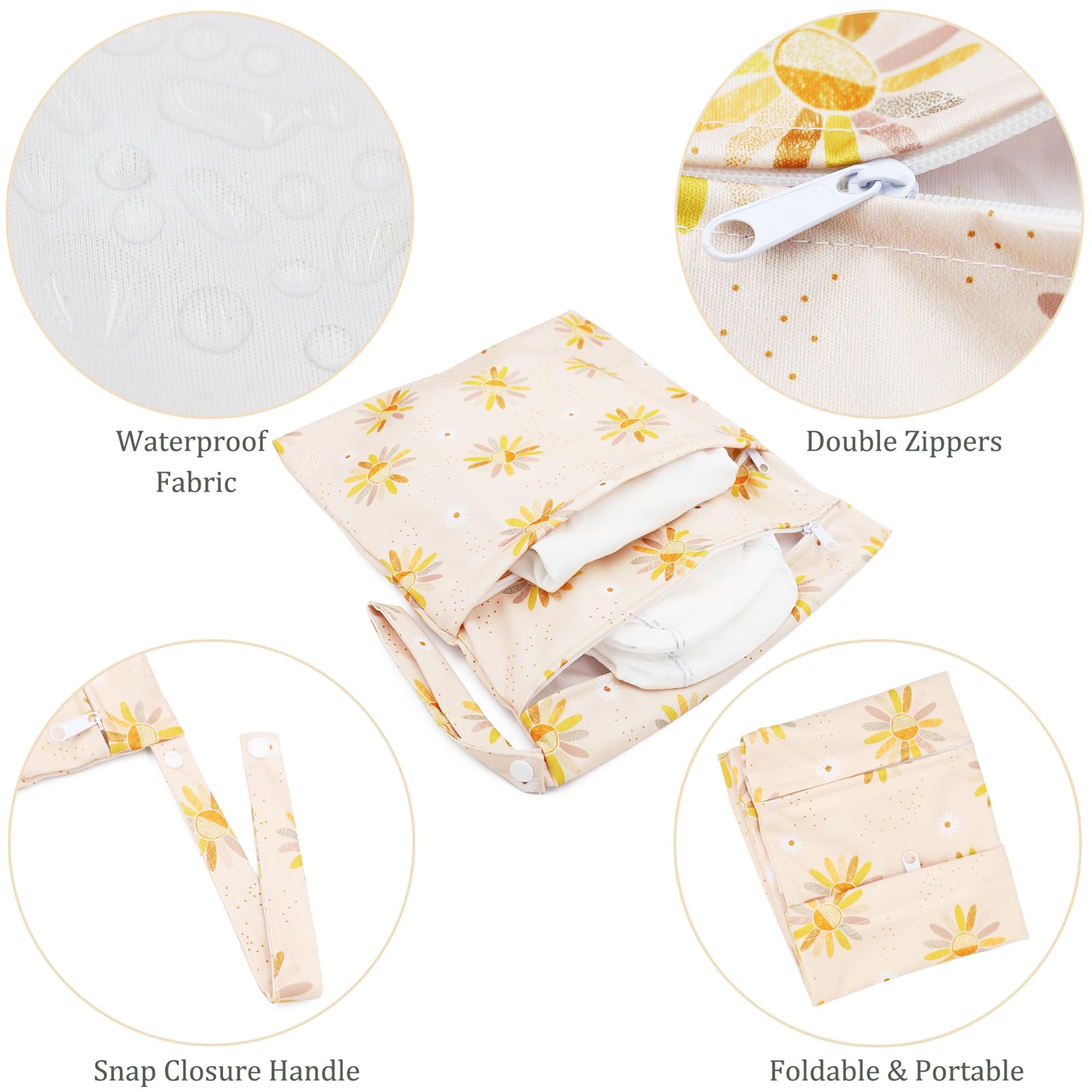 Sac Couches Lavables, Sac à Couche, 3 Pcs Réutilisable Wetbag, Sachet Etanche Organisateur de Couche Accrochable, Sac Fourre Tout pour Bébé, Sac à Langer de Voyage Plage Piscine (Fleur Jaune)