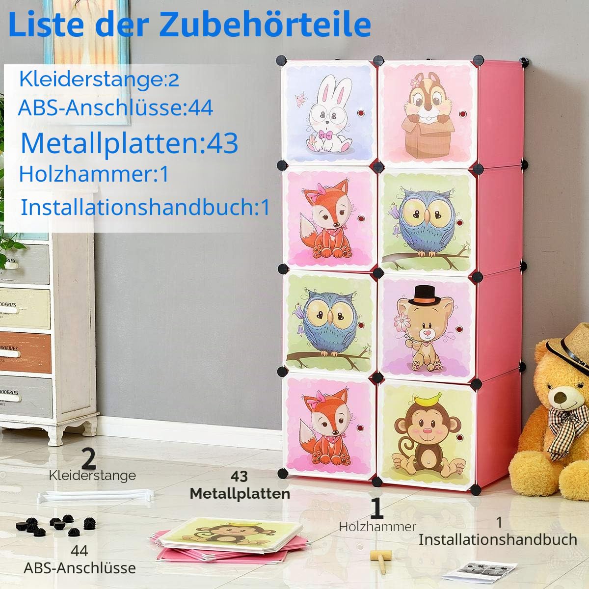 BRIAN & DANY Erweiterbares Kinderregal Kinder Kleiderschrank Stufenregal Bücherregal mit Türen & 2 Aufhängern, Tiefere Fächer als Normal (45 cm vs. 35 cm) für Mehr Platz, 110 x 47 x 147 cm, Rosa