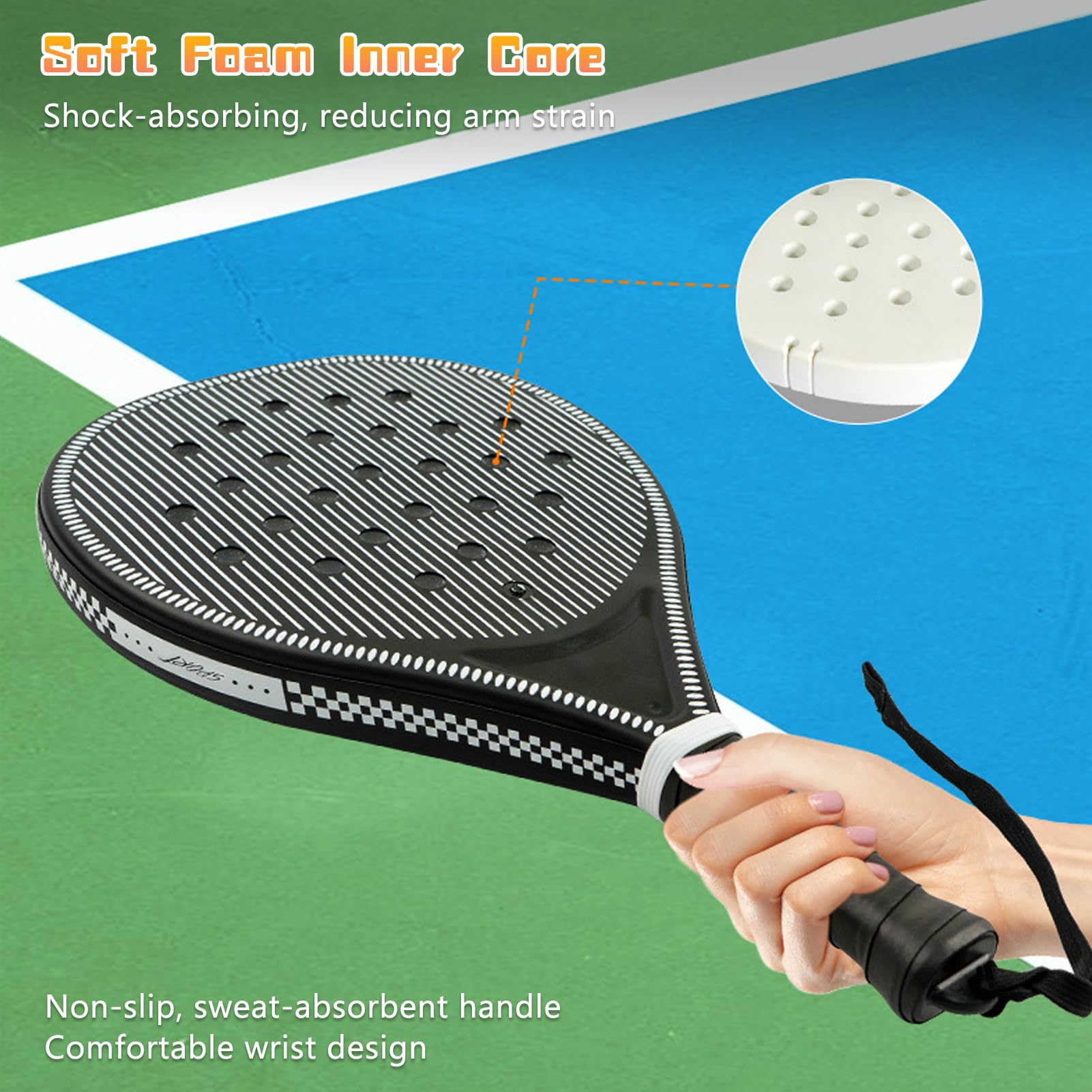 Racchetta da Padel con Set da Tennis, Struttura in ABS Pro EVA Core 46,5x26x3,9 Cm 66 Mm Palla per Giochi di Famiglia All'aperto