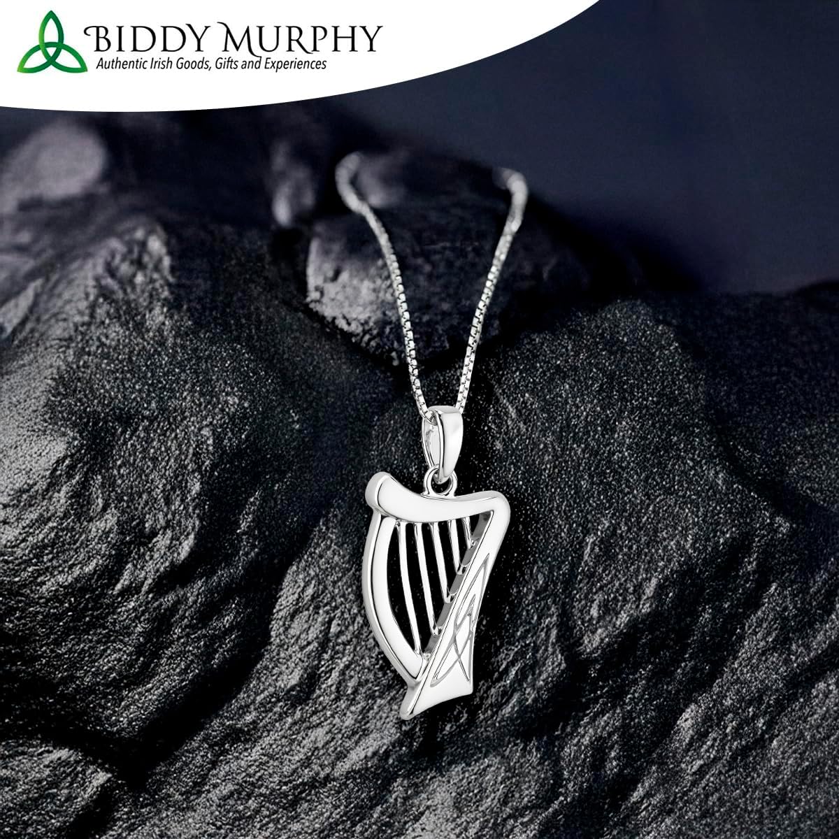 Biddy Murphy, Sterling Silver Irish Harp Pendant Necklace for Women, Traditional Celtic Jewelry, 18" Chain - Image 2