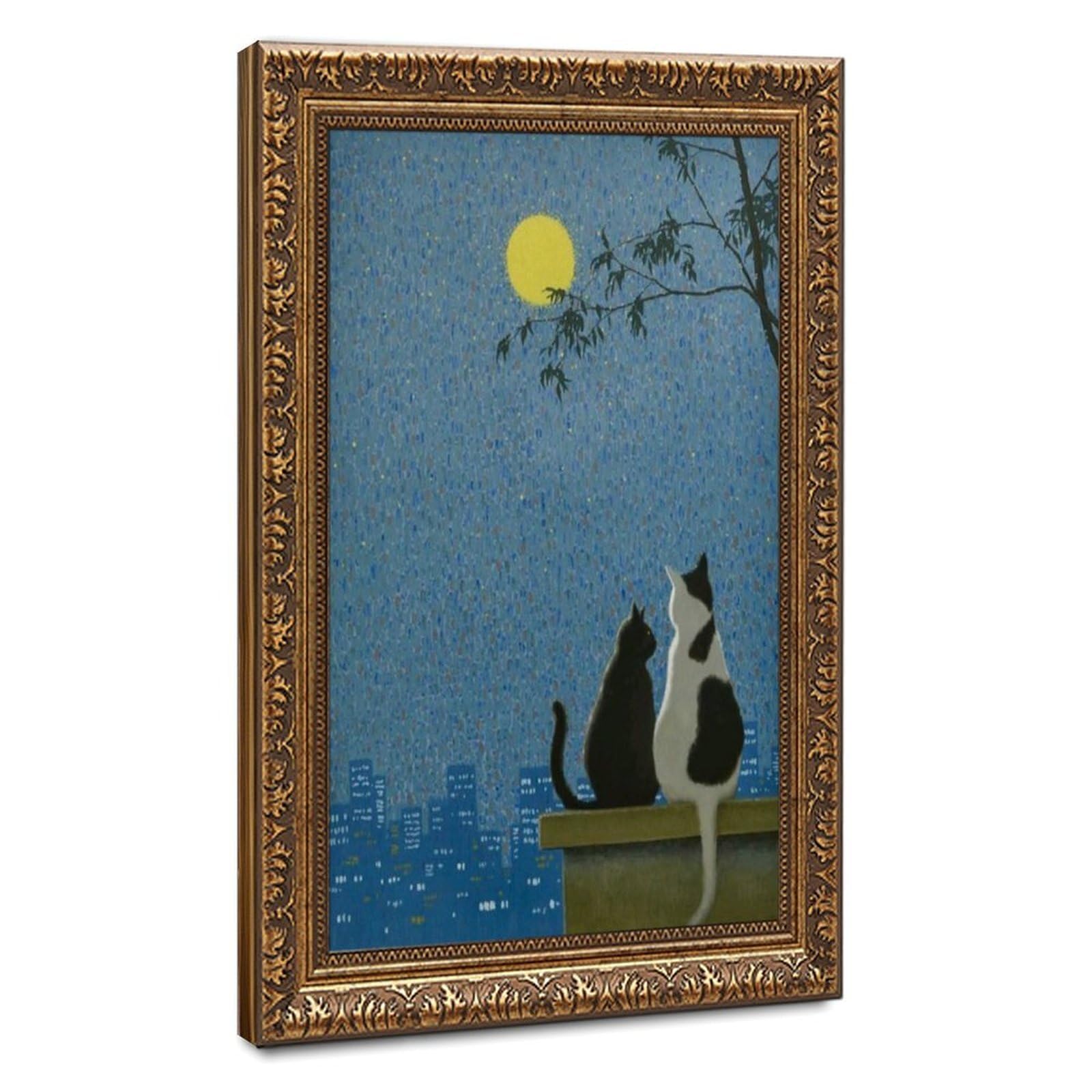 Bareronor Two Cats Admiring The Moon Canvas Poster Bedroom Decor Landscape Office Room Decor Gift 24" L X 36" W