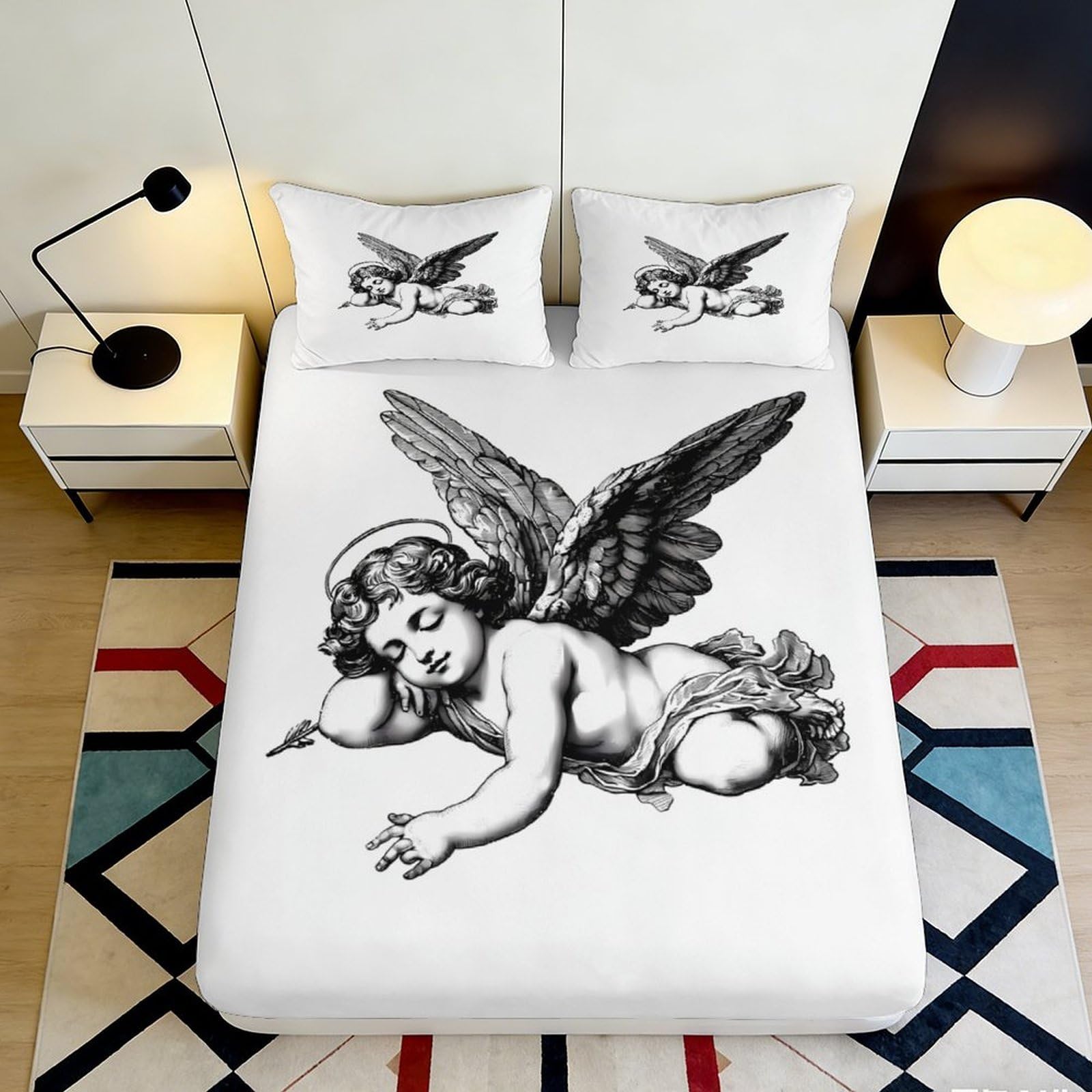Pnayamiorkfel Style-6 3D Printed Baroque Angel Fitted Sheet Microfiber Soft Anti-Slip Sleeping Cherub Bed Cover For Bedroom Decor 90X200x25cm