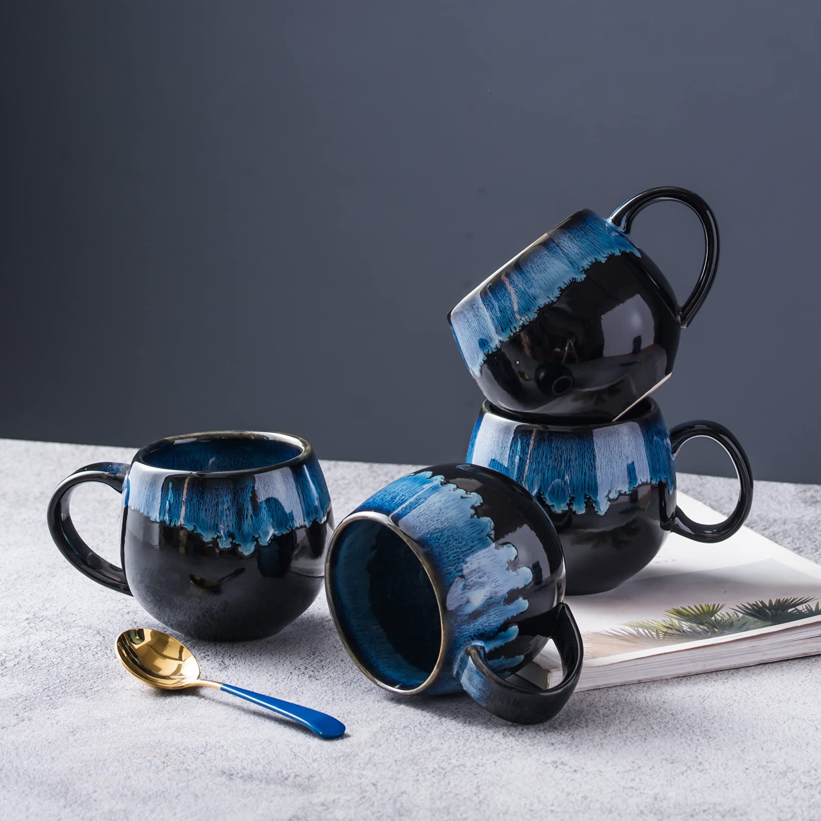 UNICASA Taza de Cerámica, Juego de Tazas Café de 4 Piezas, Tazas Redondas de Té en Color Azul, Vajilla para 4 Personas, Servicio de Café - Juego de Tazas de 4 Piezas