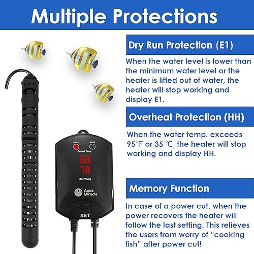Miniatura 6 de AquaMiracle Calentador de acuario Calentador de pecera de 500 W con protección de funcionamiento en secosobrecalentamiento y función de memoria,