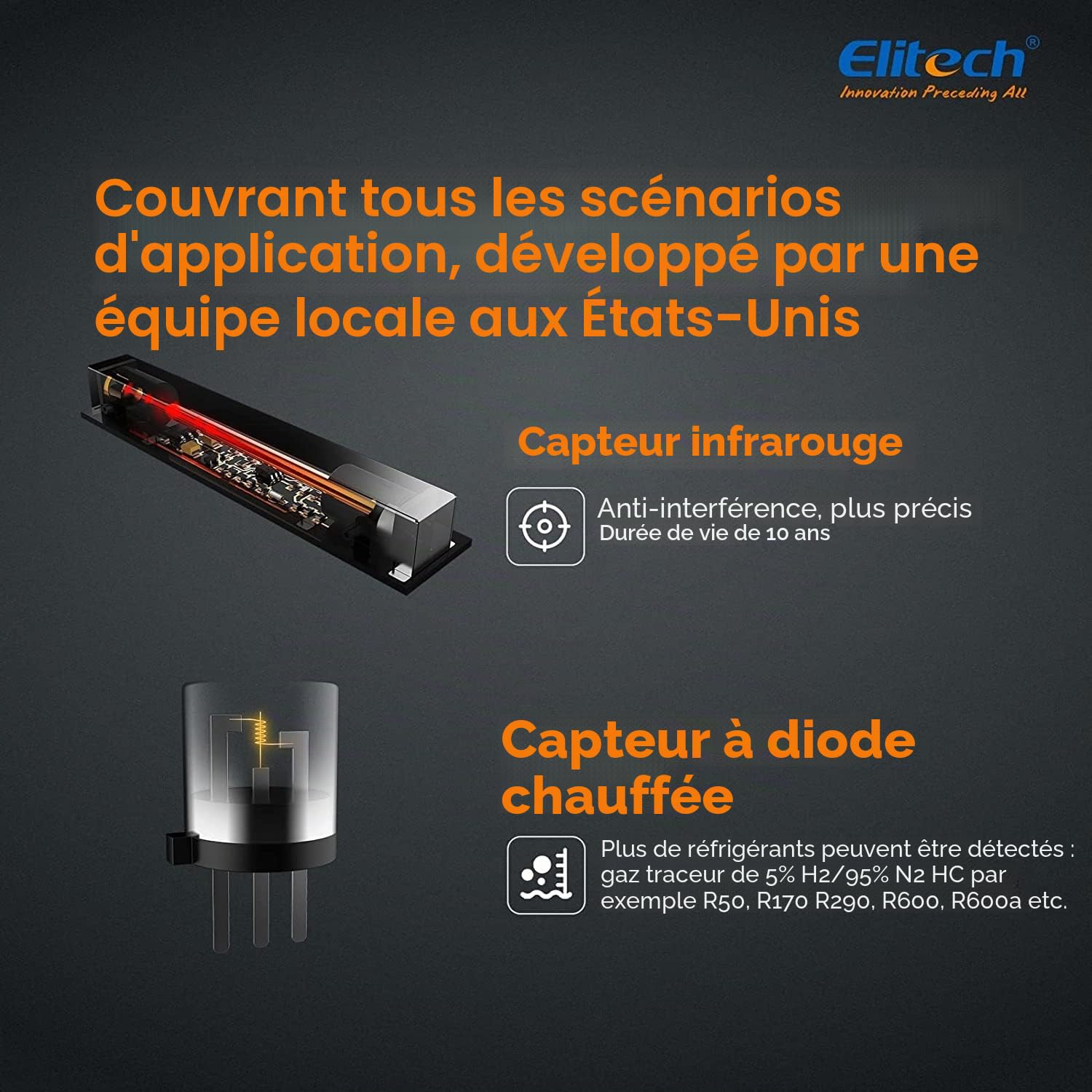 Elitech IR-200 Détecteur de Fuite de Réfrigérant Capteur Double Infrarouge et Diode Chauffée 2-en-1 Testeur de Fuite Halogène Haute Sensibilité Boîtier Portable 10 Ans de Vie