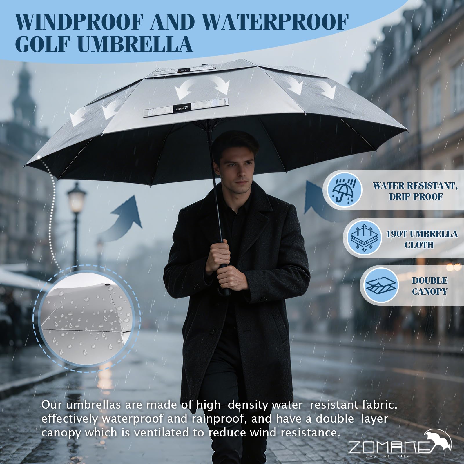 ZOMAKE Großer Sturmfester Faltbarer Regenschirm XL Golfschirm mit UV Schutz UPF 50+ für 2 Personen Silber/Weiß