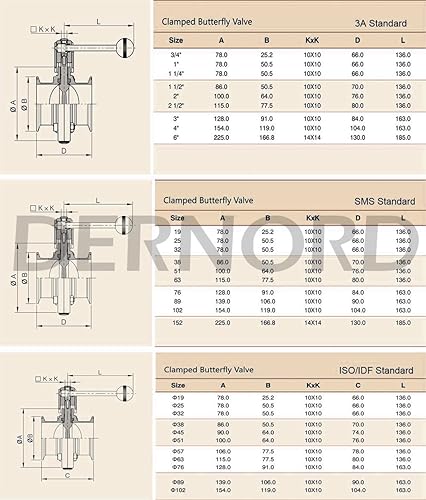 Miniatura 11 de DERNORD Válvula de mariposa sanitaria con mango de acero inoxidable 304 Tri Clamp Trébol (1 pulgada)