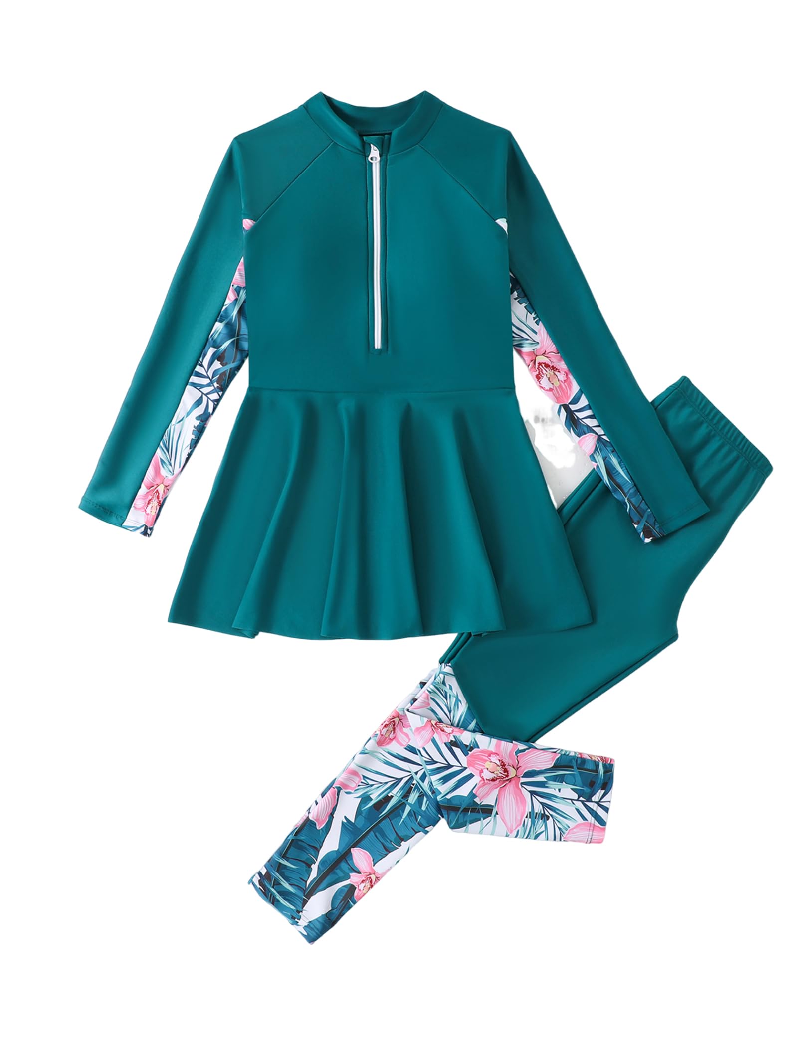 OBEEII Maillot de bain musulman pour filles Burkini à manches longues avec pantalon de bain 2 pièces Tankini rashguard modeste
