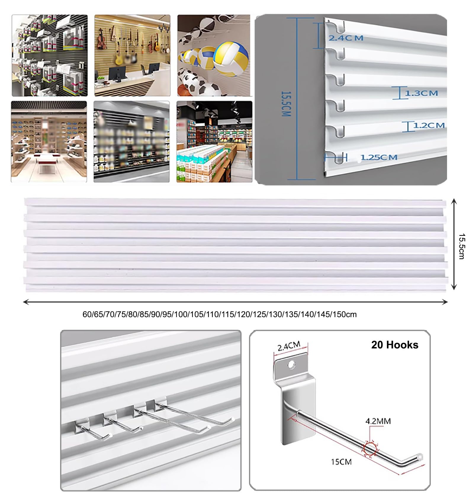 Aluminium-Lamellen-Wandpaneele, Organizer für Garage, Lagerung, Wandmontage, für Einzelhandel und Heimorganisation (145 x 15,5 cm)