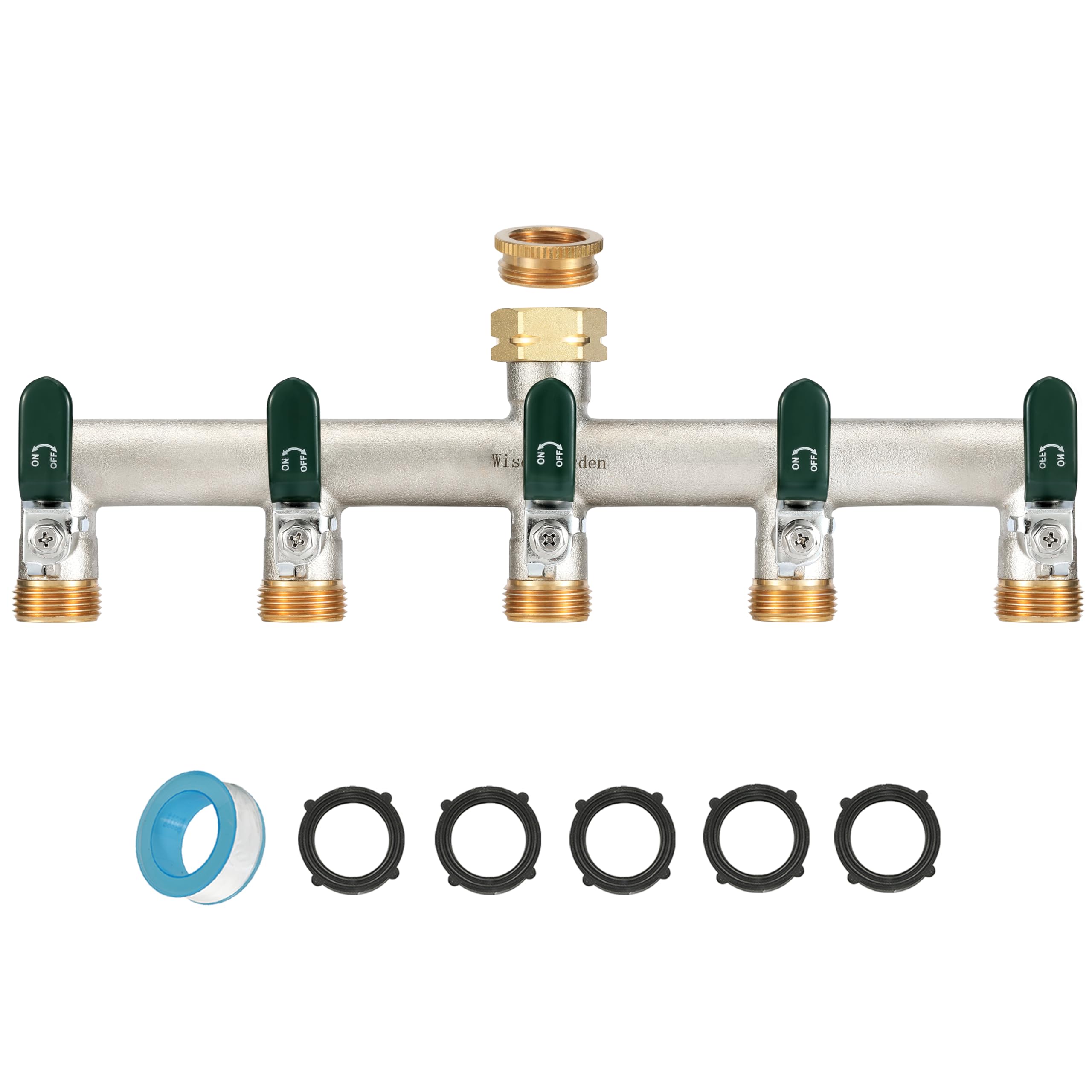 Repartidor de agua de 5 vías, 5 vías, en latón niquelado, para grifo de jardín, 5 vías, con manijas verdes, resistente, conexión hexagonal con adaptadores de 1/2"