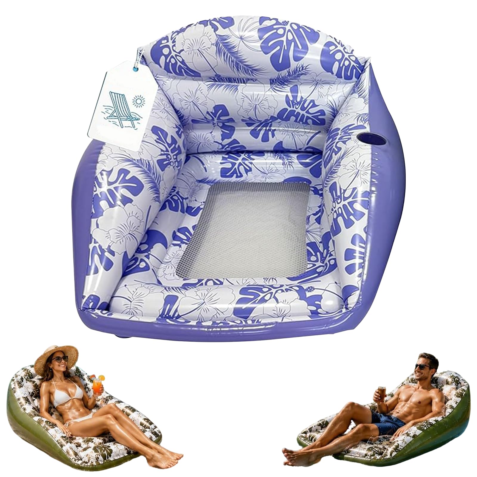 Aufblasbarer Pool Sessel, Wasserhängematte Aufblasbares, Wasserspielzeug Luftmatratze Wasser, Ergonomischer Pool Sitz mit Netzbezug & Getränkehalter,Pool Zubehör Spaß