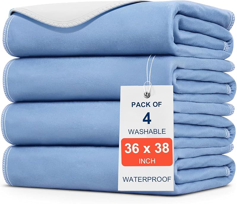Paquete de 4 almohadillas de cama para incontinencia de gran absorción de 36 x 38 pulgadas, almohadillas inferiores lavables y reutilizables de secado rápido para niños, adultos, perros mayores y mascotas, almohadilla protectora para colchón de orina para cama, sofá, piso