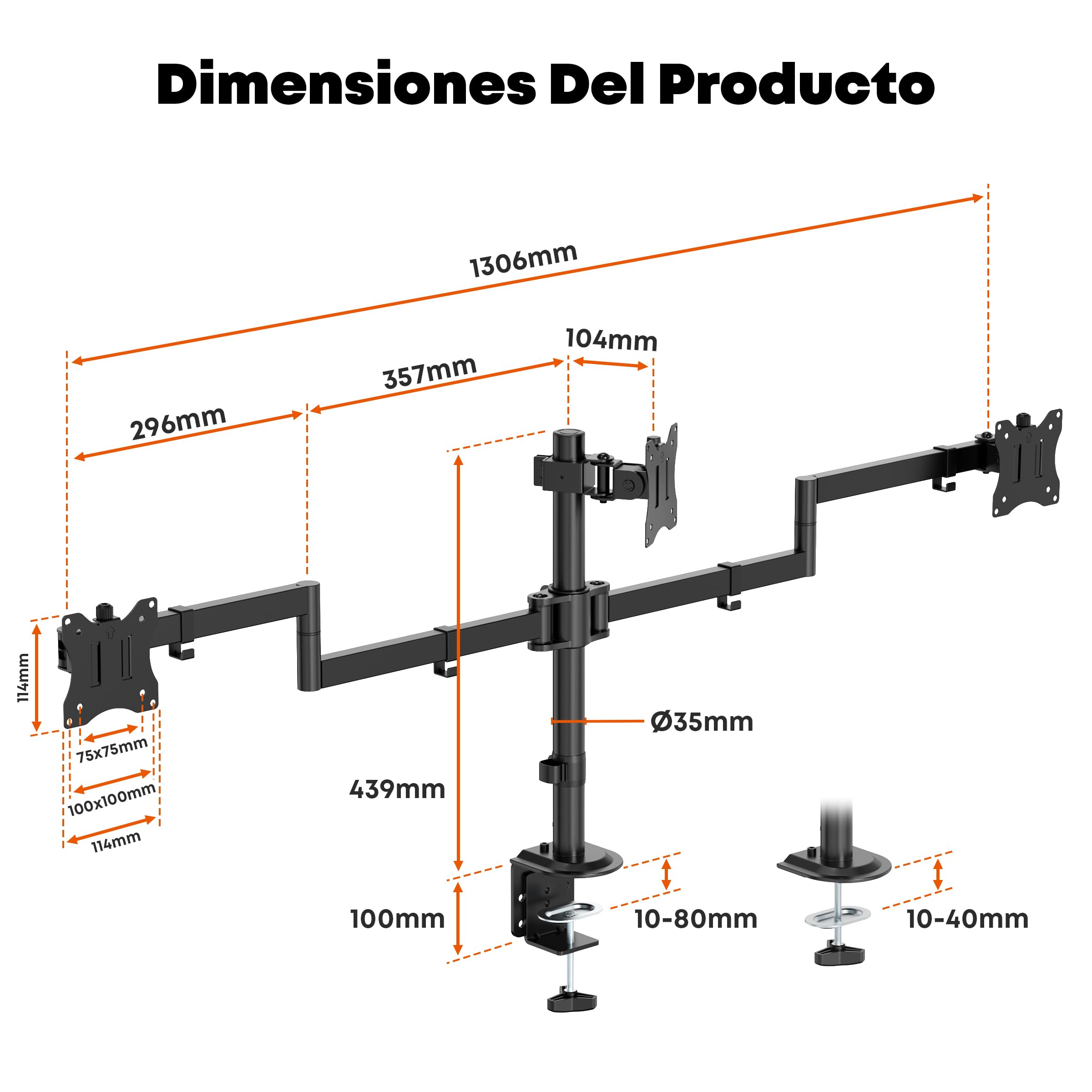 Soporte Triple para 3 Monitores 27" - Brazo Articulado con Fijación de Mesa, Carga Máx. 10kg por Brazo, VESA 75/100, Ajuste en Altura/Inclinación/Giro - Teletrabajo & Gaming