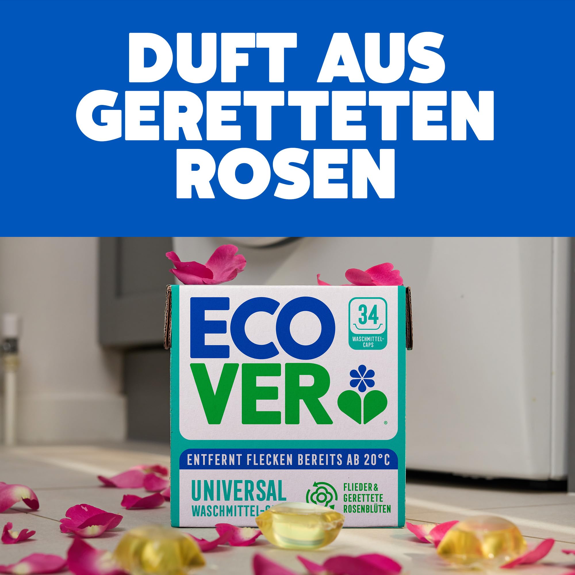 Ecover Bio kapsułki do prania – kapsułki do prania/tabletki – detergent do prania z czystym i świeżym zapachem bzu i uratowanej róży, 1 x opakowanie 34 kapsułek/tabletek